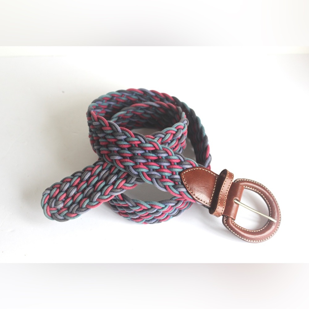 Vintage Woven Braided Belt with Warm Brown Leather Buckle, Blue Pink Purple